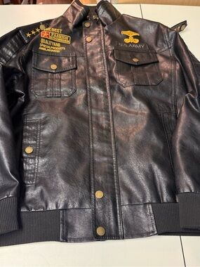 Source Unknown Black Faux Leather Bomber Jacket with Yellow U.S. Army Patches